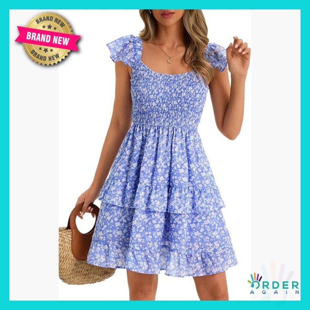 Boho Smocked Ruffle Babydoll Mini Dress Flowy Swing Casual Summer Beach